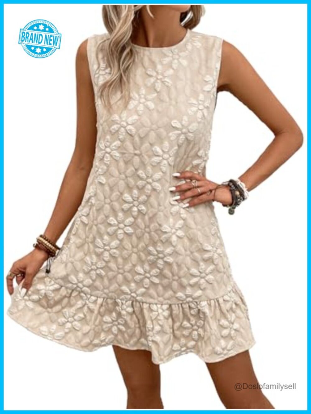 Sleeveless Ruffle Hem Smock Mini Dress Crew Neck Pull On Backless Floral Summer